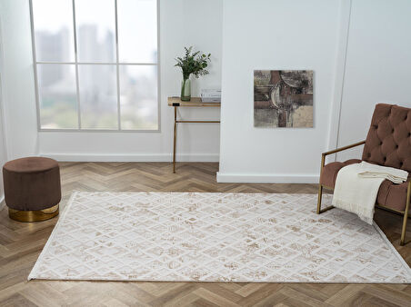 Kaftan Kf008a Bej Halı Kahverengi Detaylı Geometrik Kabartma Desenli Akrilik Halı Tozuaz