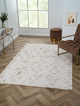 Kaftan Kf008a Bej Halı Kahverengi Detaylı Geometrik Kabartma Desenli Akrilik Halı Tozuaz