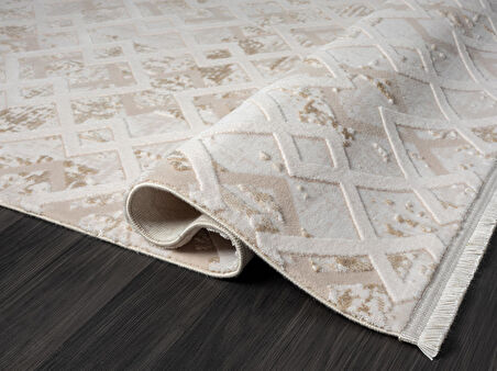 Kaftan Kf008a Bej Halı Kahverengi Detaylı Geometrik Kabartma Desenli Akrilik Halı Tozuaz