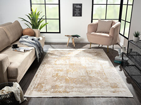 Merit Mr003s Krem Halı Gold Detaylı Ince Yumuşak Akrilik Tozuaz Modern Salon Halısı Koridor Halısı