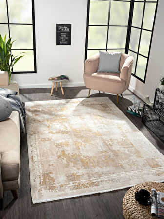 Merit Mr003s Krem Halı Gold Detaylı Ince Yumuşak Akrilik Tozuaz Modern Salon Halısı Koridor Halısı