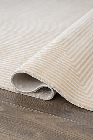 Merit MR010A Krem Halı Vizon Bej Geometrik Detaylı İnce Yumuşak Akrilik Modern Salon Halısı