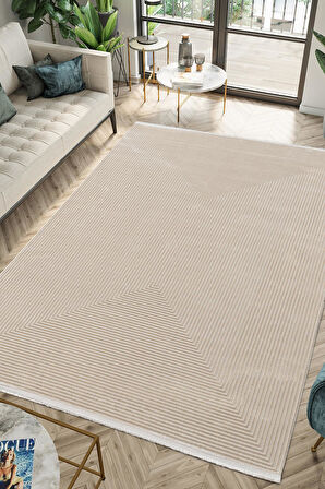 Merit MR010A Krem Halı Vizon Bej Geometrik Detaylı İnce Yumuşak Akrilik Modern Salon Halısı