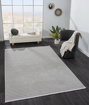 Sümer Sm008g Gri Antrasit Çizgi Desen Halı Dekoratif Modern Tozuyok Antialerjik Salon Halısı Koridor