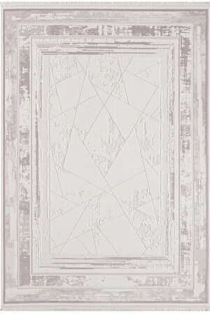 Truva Tv013a Bej Halı Geometrik Desen Kenar Çerçeveli Kalın Akrilik Tozuaz Modern Salon Halısı