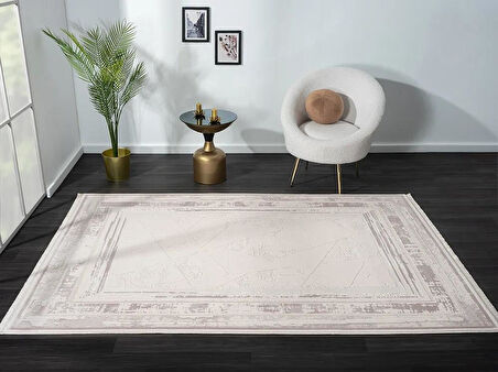 Truva Tv013a Bej Halı Geometrik Desen Kenar Çerçeveli Kalın Akrilik Tozuaz Modern Salon Halısı
