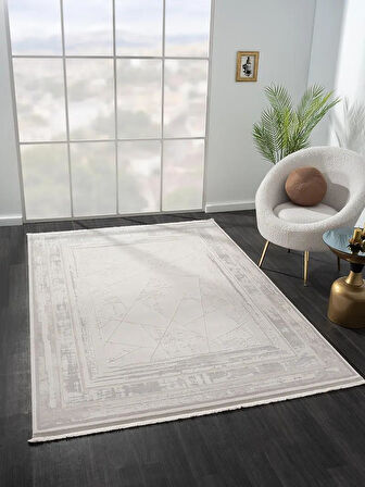 Truva Tv013a Bej Halı Geometrik Desen Kenar Çerçeveli Kalın Akrilik Tozuaz Modern Salon Halısı