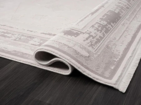 Truva Tv013a Bej Halı Geometrik Desen Kenar Çerçeveli Kalın Akrilik Tozuaz Modern Salon Halısı