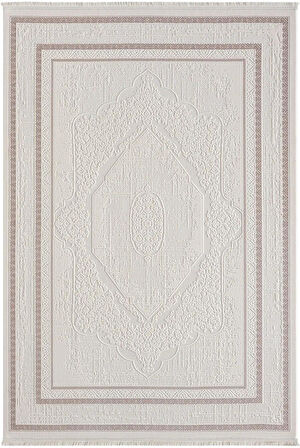 Truva Tv014a Bej Halı Kenar Çerçeveli Göbekli Desen Kalın Akrilik Tozuaz Modern Salon Halısı