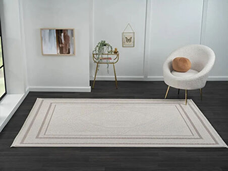 Truva Tv014a Bej Halı Kenar Çerçeveli Göbekli Desen Kalın Akrilik Tozuaz Modern Salon Halısı