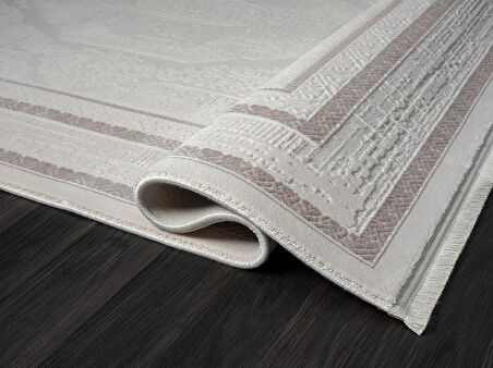 Truva Tv014a Bej Halı Kenar Çerçeveli Göbekli Desen Kalın Akrilik Tozuaz Modern Salon Halısı