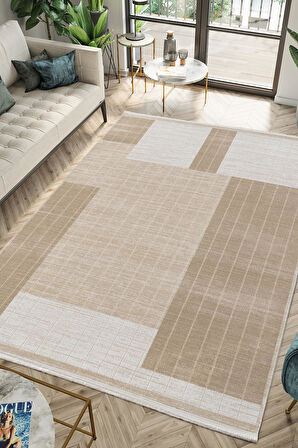 Merit MR008A Krem Halı Vizon Geometrik Desenli İnce Yumuşak Akrilik Modern Salon Oturma Odası Halısı