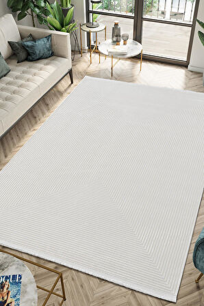 Merit MR009A Krem Halı Geometrik Detaylı İnce Yumuşak Akrilik Modern Salon Oturma Odası Halısı