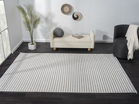 Sümer Sm008a Gri Beyaz Çizgi Desen Halı Dekoratif Modern Tozuyok Antialerjik Salon Halısı Koridor