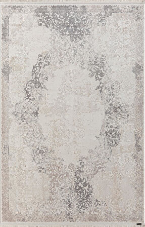 Truva 8355 Krem Halı Bej Gri Detaylı Kenar Çerçeveli Göbekli Kalın Akrilik Tozuaz Modern Klasik Halı