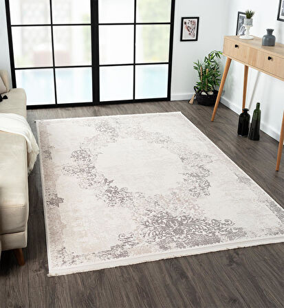 Truva 8355 Krem Halı Bej Gri Detaylı Kenar Çerçeveli Göbekli Kalın Akrilik Tozuaz Modern Klasik Halı