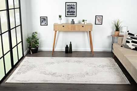 Truva 8355 Krem Halı Bej Gri Detaylı Kenar Çerçeveli Göbekli Kalın Akrilik Tozuaz Modern Klasik Halı