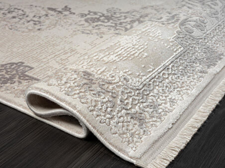 Truva 8355 Krem Halı Bej Gri Detaylı Kenar Çerçeveli Göbekli Kalın Akrilik Tozuaz Modern Klasik Halı