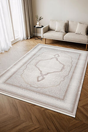 İndigo ID001G Krem Klasik Çerçeveli Desen Akrilik iplik Tozuaz Pamuk Taban Salon Mutfak Halısı
