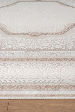 İndigo ID001G Krem Klasik Çerçeveli Desen Akrilik iplik Tozuaz Pamuk Taban Salon Mutfak Halısı
