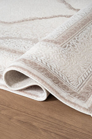 İndigo ID001G Krem Klasik Çerçeveli Desen Akrilik iplik Tozuaz Pamuk Taban Salon Mutfak Halısı
