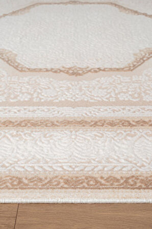 İndigo ID001K Krem Kahve Klasik Çerçeveli Desen Akrilik iplik Tozuaz Pamuk Taban Salon Mutfak Halısı