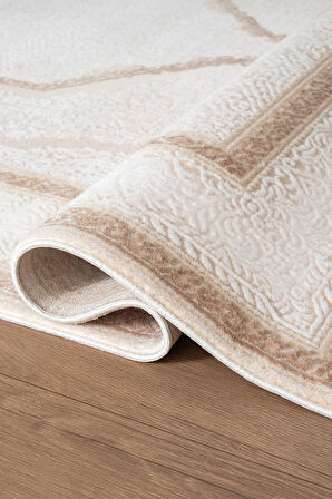 İndigo ID001K Krem Kahve Klasik Çerçeveli Desen Akrilik iplik Tozuaz Pamuk Taban Salon Mutfak Halısı