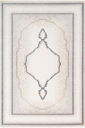 İndigo ID001M Krem Mavi Klasik Çerçeveli Desen Akrilik İplik Tozuaz Pamuk Taban Salon Mutfak Halısı