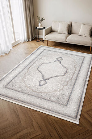 İndigo ID001M Krem Mavi Klasik Çerçeveli Desen Akrilik İplik Tozuaz Pamuk Taban Salon Mutfak Halısı