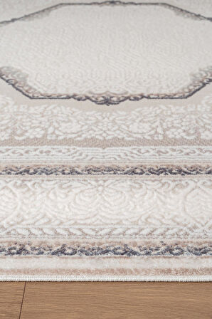 İndigo ID001M Krem Mavi Klasik Çerçeveli Desen Akrilik İplik Tozuaz Pamuk Taban Salon Mutfak Halısı