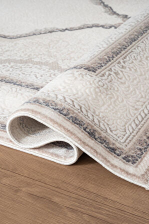 İndigo ID001M Krem Mavi Klasik Çerçeveli Desen Akrilik İplik Tozuaz Pamuk Taban Salon Mutfak Halısı