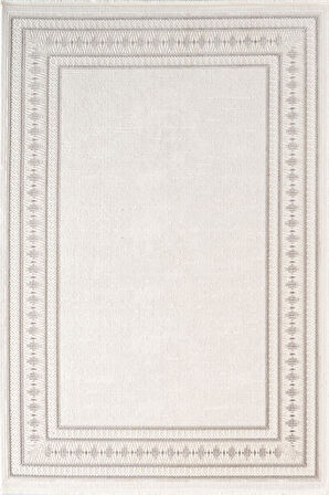 İndigo ID002G Krem Gri Klasik Çerçeveli Desen Akrilik İplik Tozuaz Pamuk Taban Salon Mutfak Halısı