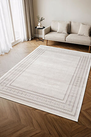 İndigo ID002G Krem Gri Klasik Çerçeveli Desen Akrilik İplik Tozuaz Pamuk Taban Salon Mutfak Halısı