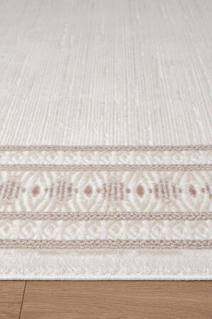 İndigo ID002G Krem Gri Klasik Çerçeveli Desen Akrilik İplik Tozuaz Pamuk Taban Salon Mutfak Halısı