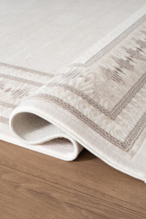 İndigo ID002G Krem Gri Klasik Çerçeveli Desen Akrilik İplik Tozuaz Pamuk Taban Salon Mutfak Halısı