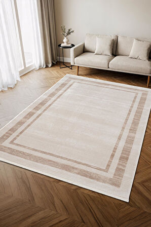 İndigo ID003K Krem Bej Klasik Çerçeveli Desen Akrilik İplik Tozuaz Pamuk Taban Salon Mutfak Halısı