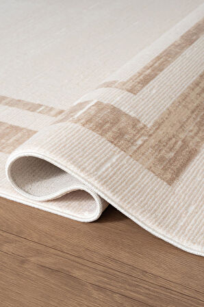 İndigo ID003K Krem Bej Klasik Çerçeveli Desen Akrilik İplik Tozuaz Pamuk Taban Salon Mutfak Halısı