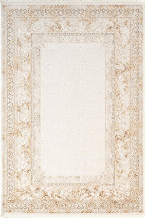 İndigo ID004T Krem Bej Klasik Çerçeveli Desen Akrilik İplik Tozuaz Pamuk Taban Salon Mutfak Halısı