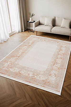 İndigo ID004T Krem Bej Klasik Çerçeveli Desen Akrilik İplik Tozuaz Pamuk Taban Salon Mutfak Halısı