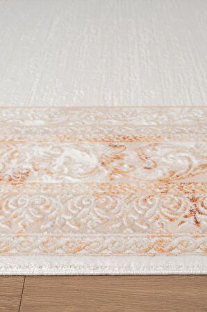 İndigo ID004T Krem Bej Klasik Çerçeveli Desen Akrilik İplik Tozuaz Pamuk Taban Salon Mutfak Halısı