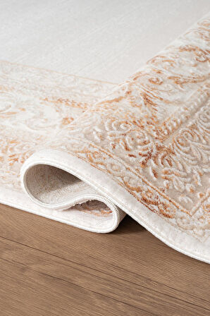 İndigo ID004T Krem Bej Klasik Çerçeveli Desen Akrilik İplik Tozuaz Pamuk Taban Salon Mutfak Halısı