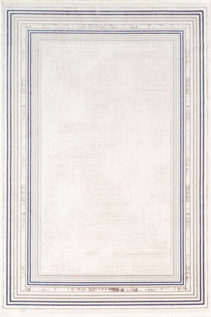 İndigo ID005M Krem Mavi Klasik Çerçeveli Desen Akrilik İplik Tozuaz Pamuk Taban Salon Mutfak Halısı