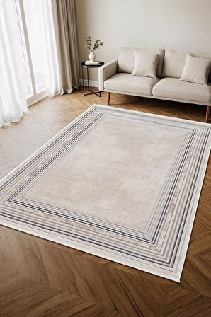 İndigo ID005M Krem Mavi Klasik Çerçeveli Desen Akrilik İplik Tozuaz Pamuk Taban Salon Mutfak Halısı