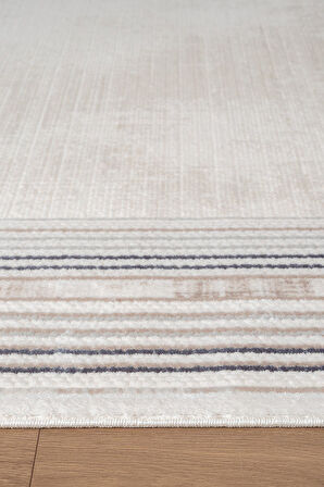 İndigo ID005M Krem Mavi Klasik Çerçeveli Desen Akrilik İplik Tozuaz Pamuk Taban Salon Mutfak Halısı