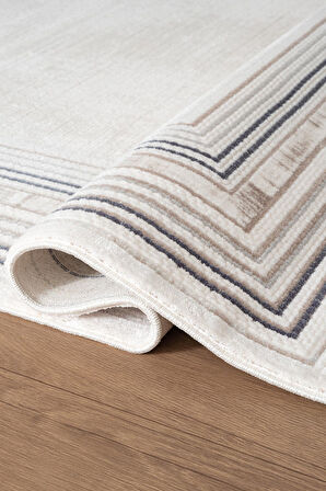 İndigo ID005M Krem Mavi Klasik Çerçeveli Desen Akrilik İplik Tozuaz Pamuk Taban Salon Mutfak Halısı