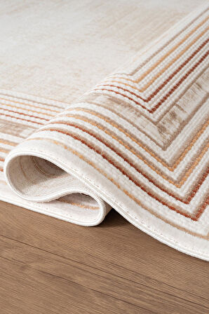 İndigo ID005T Krem Bej Klasik Çerçeveli Desen Akrilik İplik Tozuaz Pamuk Taban Salon Mutfak Halısı