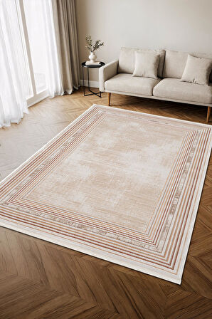 İndigo ID005T Krem Bej Klasik Çerçeveli Desen Akrilik İplik Tozuaz Pamuk Taban Salon Mutfak Halısı