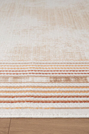 İndigo ID005T Krem Bej Klasik Çerçeveli Desen Akrilik İplik Tozuaz Pamuk Taban Salon Mutfak Halısı