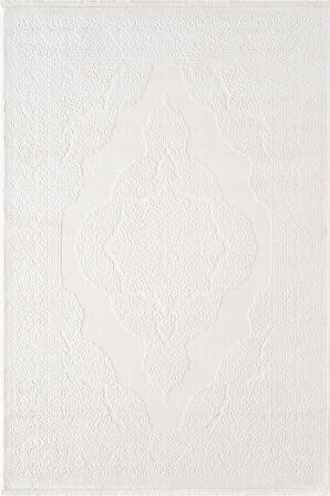 İndigo ID006W Beyaz Klasik Çerçeveli Desen Akrilik İplik Tozuaz Pamuk Taban Salon Mutfak Halısı