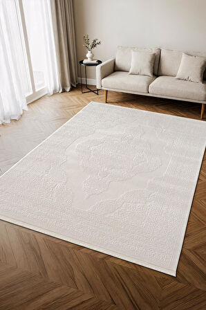 İndigo ID006W Beyaz Klasik Çerçeveli Desen Akrilik İplik Tozuaz Pamuk Taban Salon Mutfak Halısı